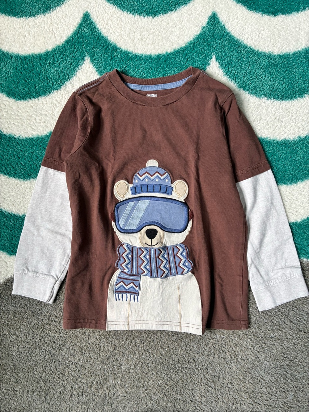 Gymboree Embroidered Ski Bear Layered Tee (Brown/Cream/Blue) Size 6